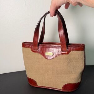 Brahmin Vintage Mini Leather Trim Tan Canvas Handbag